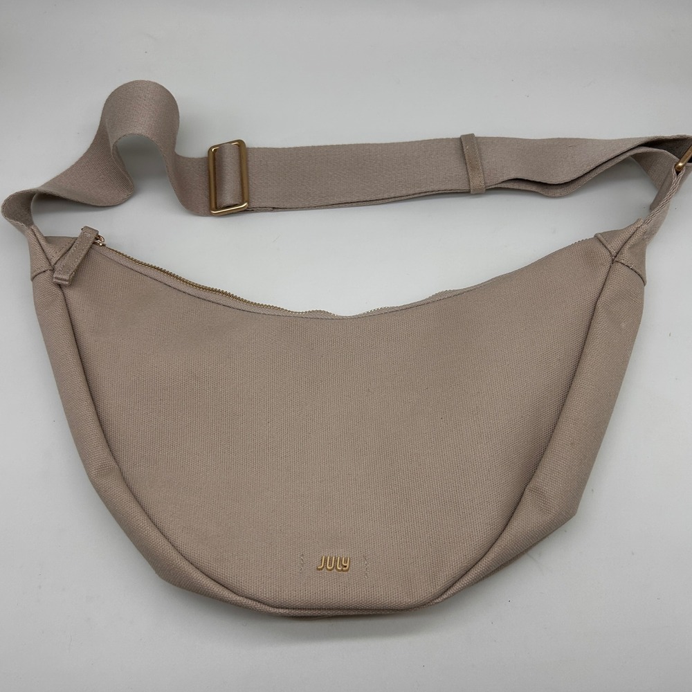 July Everyday Crescent Bag Taupe Beige Canvas Crossbody Minimalist Half Moon